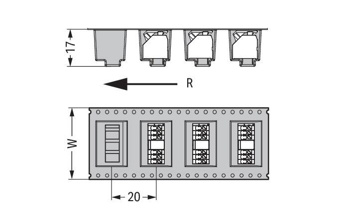Diagramm einer elektronischen Komponenten-Bandrolle. Zeigt vier Komponenten, Abmessungen gekennzeichnet mit 17 und 20, mit einem Pfeil, der die Richtung R angibt.