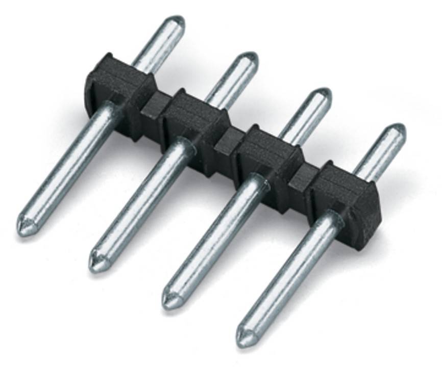 Ein Vier-Pin-Header-Anschluss mit Metallpins und einer schwarzen Kunststoffbasis, der für elektronische Schaltungsverbindungen verwendet wird.