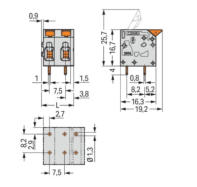 Technische Zeichnung einer Wago Elektrokomponente mit Abmessungen: 25,7 mm Höhe, 19,2 mm Breite, 8,2 mm und 7,5 mm Tiefe.