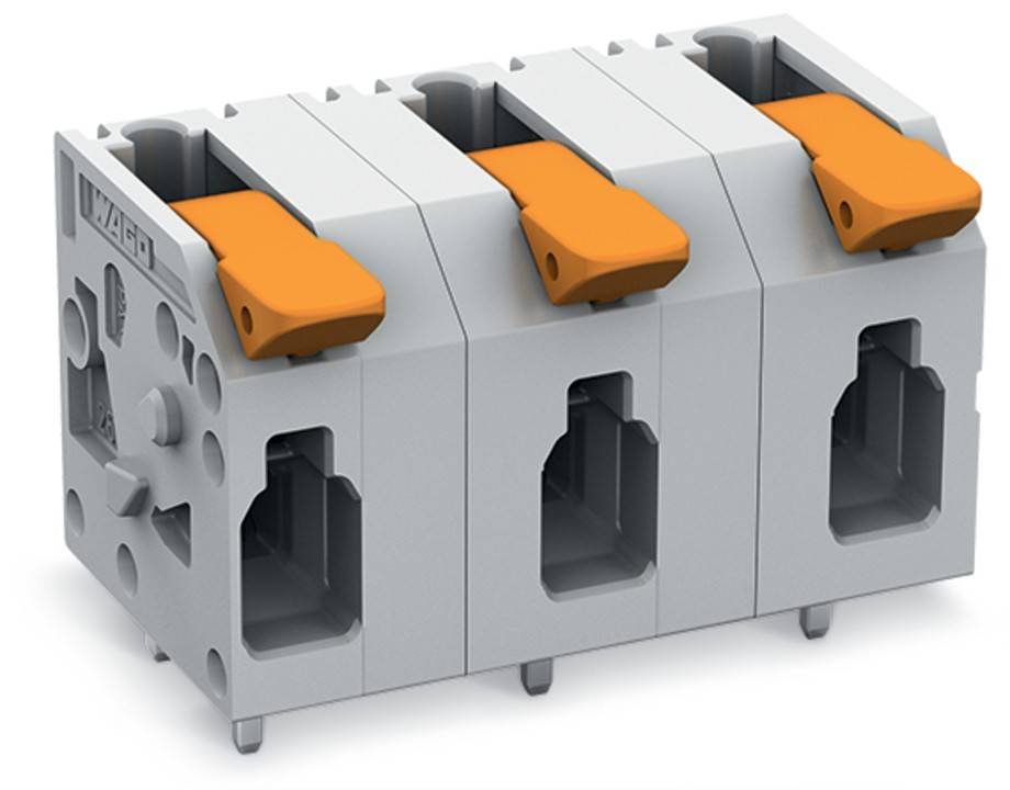 Ein grauer und orangefarbener elektrischer Anschlussblock mit drei Klemmenslots, der für das sichere und zuverlässige Anschließen von elektrischen Leitungen konzipiert ist.