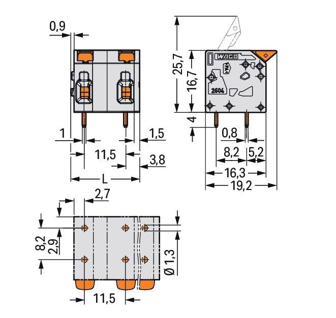Diagramm einer elektronischen Komponente mit Messungen in Millimetern. Wichtige Abmessungen umfassen 11,5 mm Breite, 3,8 mm Höhe und 25,7 mm Tiefe.