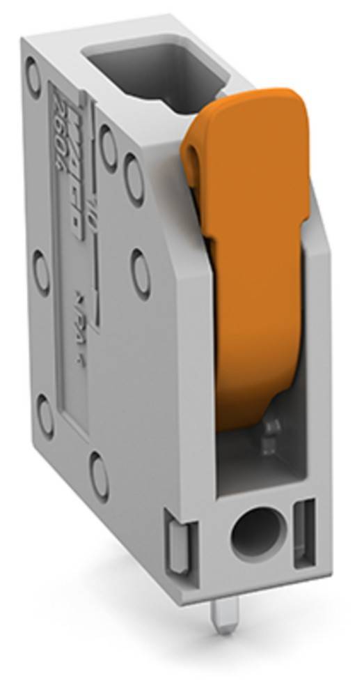 Eine orange und graue elektrische Komponente, möglicherweise ein Verbinder oder Anschlussblock, mit sichtbaren Befestigungslöchern an der Seite.