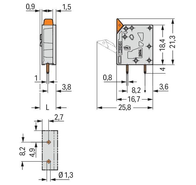 Technische Schemazeichnung eines rechteckigen Sensors mit Abmessungen: Höhe 21,3 mm, Breite 25,8 mm und Tiefe 8,2 mm. Enthält Befestigungslöcher und elektrische Spezifikationen.