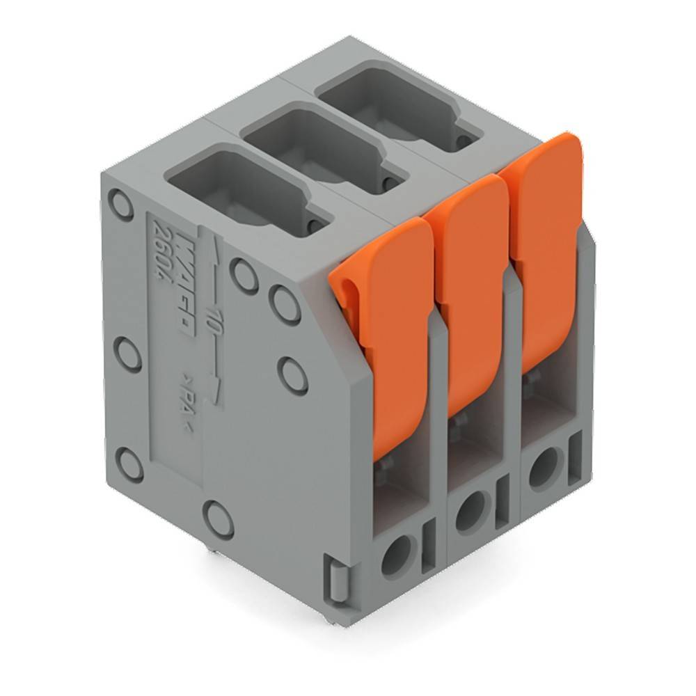Ein dreipositiger Klemmenblock-Verbinder in Grau und Orange, verwendet für elektrische Verkabelung, mit dargestellten Anschlussslots und Hebeln.