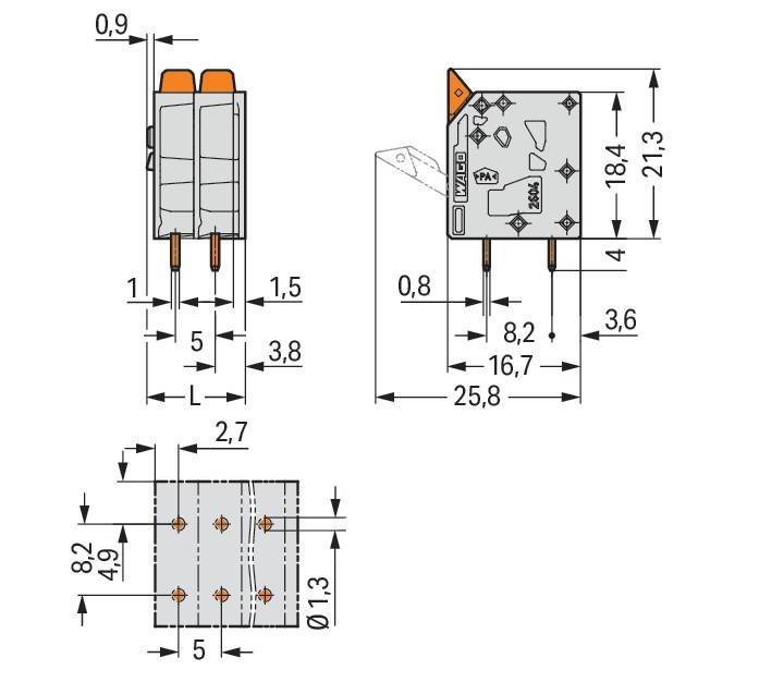 Elektrische Komponentenzeichnung mit Abmessungen: Höhe 21,3 mm, Breite 18,4 mm, Länge 25,8 mm, Befestigungsbolzenabstand 4,9 mm, 5 mm.