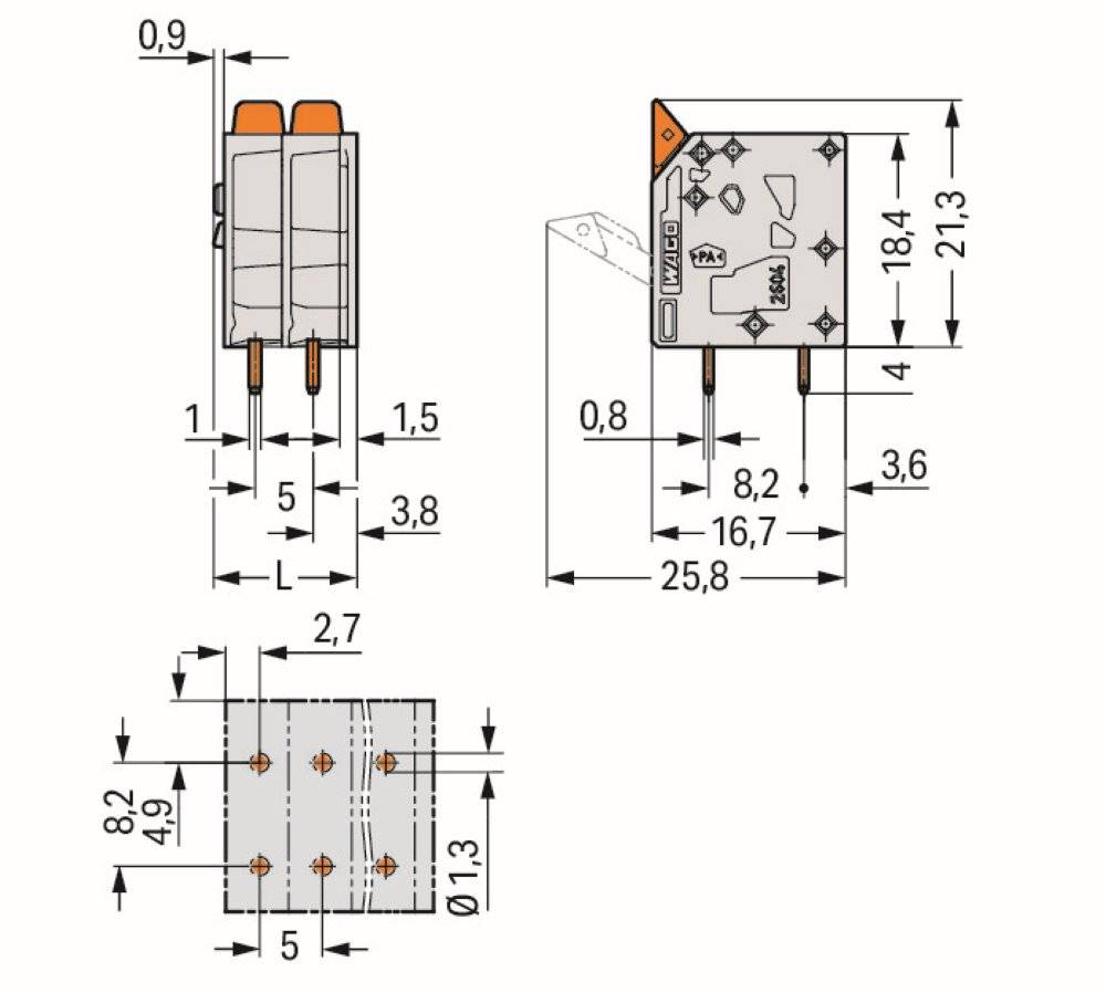 Wago Leiterplattenklemme;Hebel;4 mm²;grau - 2604-3106 - 50 Stück