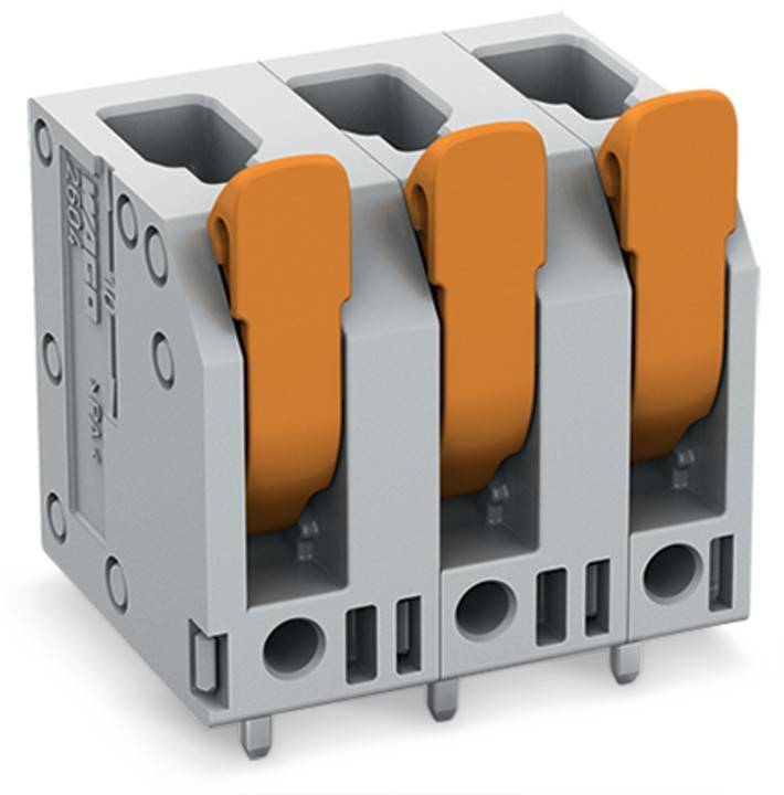 Ein dreipoliger elektrischer Terminalblock mit orangefarbenen Hebelaktuatoren, verwendet zum Anschließen und Sichern von Leitungen in Schaltungsanwendungen.