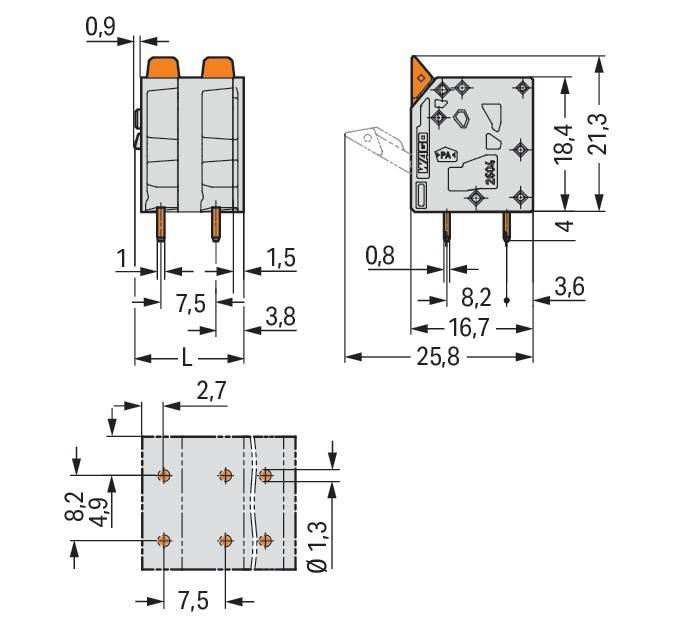 Technische Zeichnung eines elektromagnetischen Relais. Enthält Abmessungen: Höhe 21,3 mm, Breite 7,5 mm, mit Pinabstand und Komponentendetails.