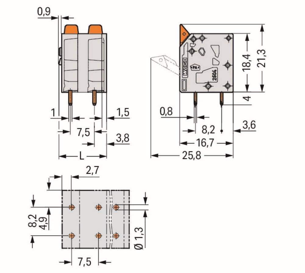 Wago Leiterplattenklemme;Hebel;4 mm²;grau - 2604-3308 - 30 Stück
