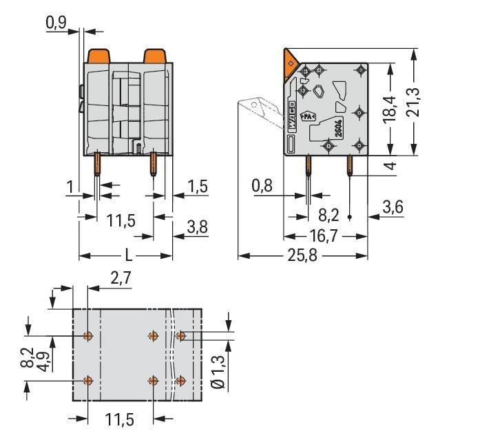 Technische Zeichnung eines elektrischen Relais, mit Abmessungen in Millimetern. Seiten-, Ober- und Unteransicht sind mit Höhen-, Breiten- und Tiefenmaßen beschriftet.