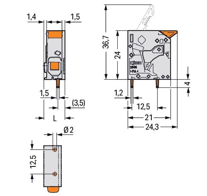 Switch-technische Zeichnung mit Dimensionen: Höhe 36,7, Breite 12,5, Tiefe 4. Verschiedene Messungen in mm zeigen die Komponentenabstände an.