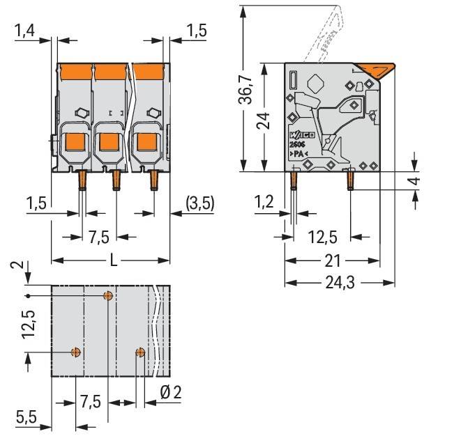 Eine technische Zeichnung einer elektronischen Komponente beschreibt Abmessungen in Millimetern, wie Länge, Höhe und Pinabstand, für eine präzise Montage.