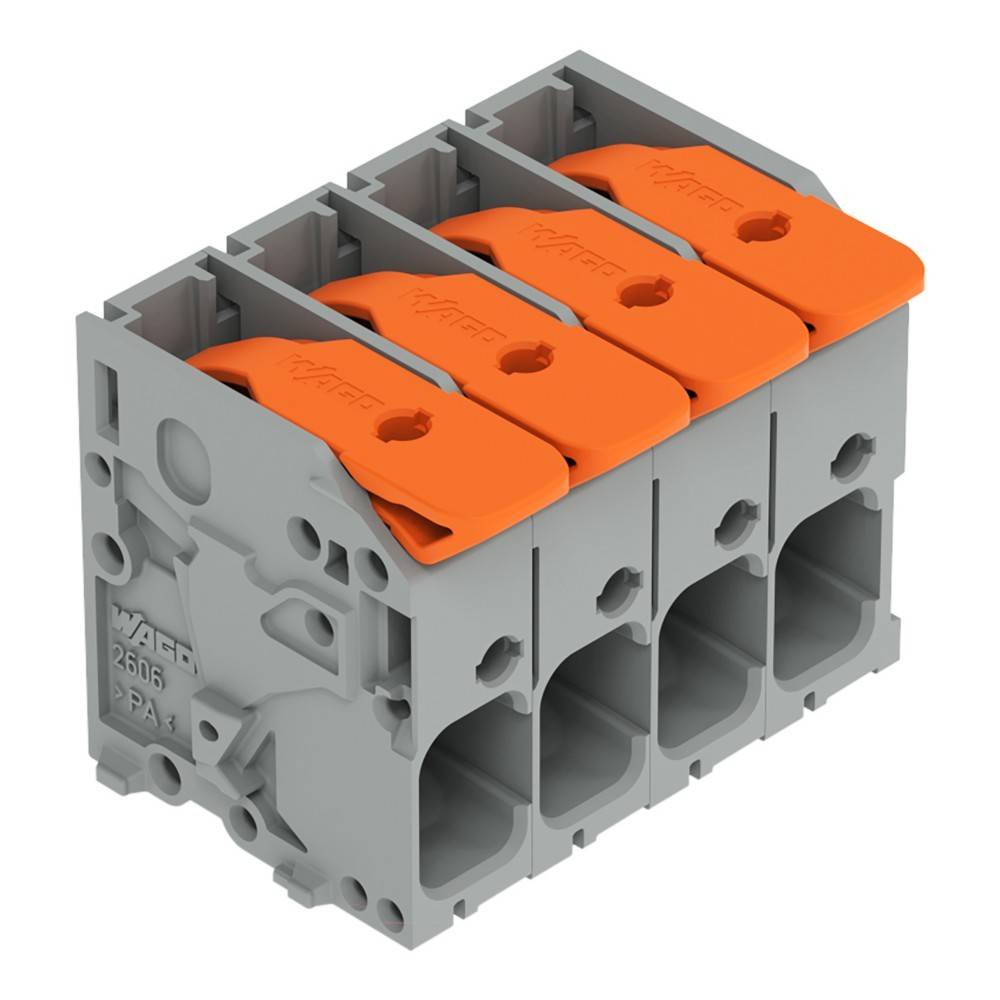 Ein grauer und orangefarbener Elektro-Anschlussblock mit vier Anschlusspunkten für Verkabelung.