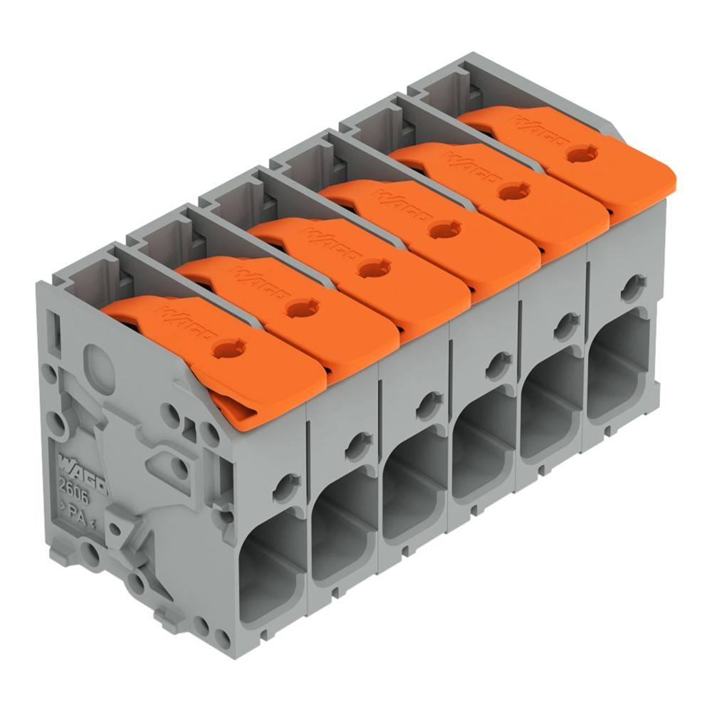 Sechsstelliger elektrischer Anschlussblock mit orangefarbenen Hebeln für Kabelanschlüsse. Geeignet für sichere und organisierte Kabelführung.