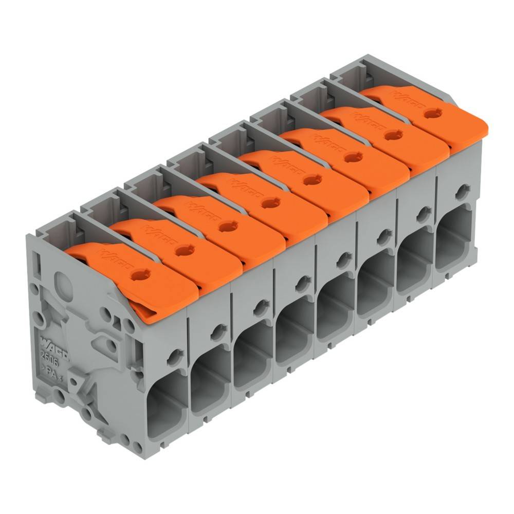 Ein grauer und orangefarbener Anschlussblock mit acht Ports und offenen Steckplätzen für Kabeleinführung.