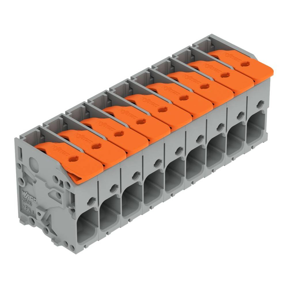 Ein grau-orangefarbener Elektroklemmenblock mit mehreren Anschlusspunkten, der zum sicheren Organisieren und Verbinden von elektrischen Leitungen verwendet wird.