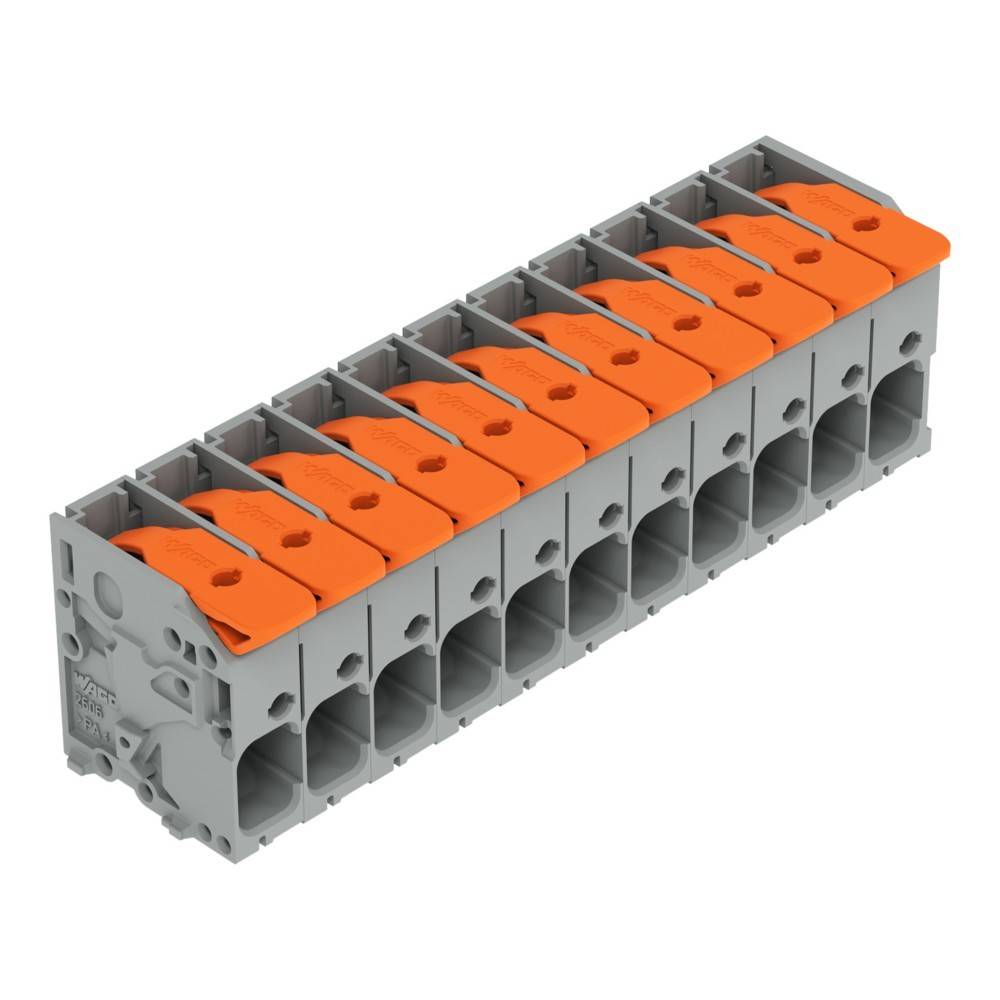 Ein Stromverteilerblock mit mehreren orangefarbenen Hebeln in einer Reihe, der zum sicheren Anschluss von Leitungen in elektrischen Installationen verwendet wird.
