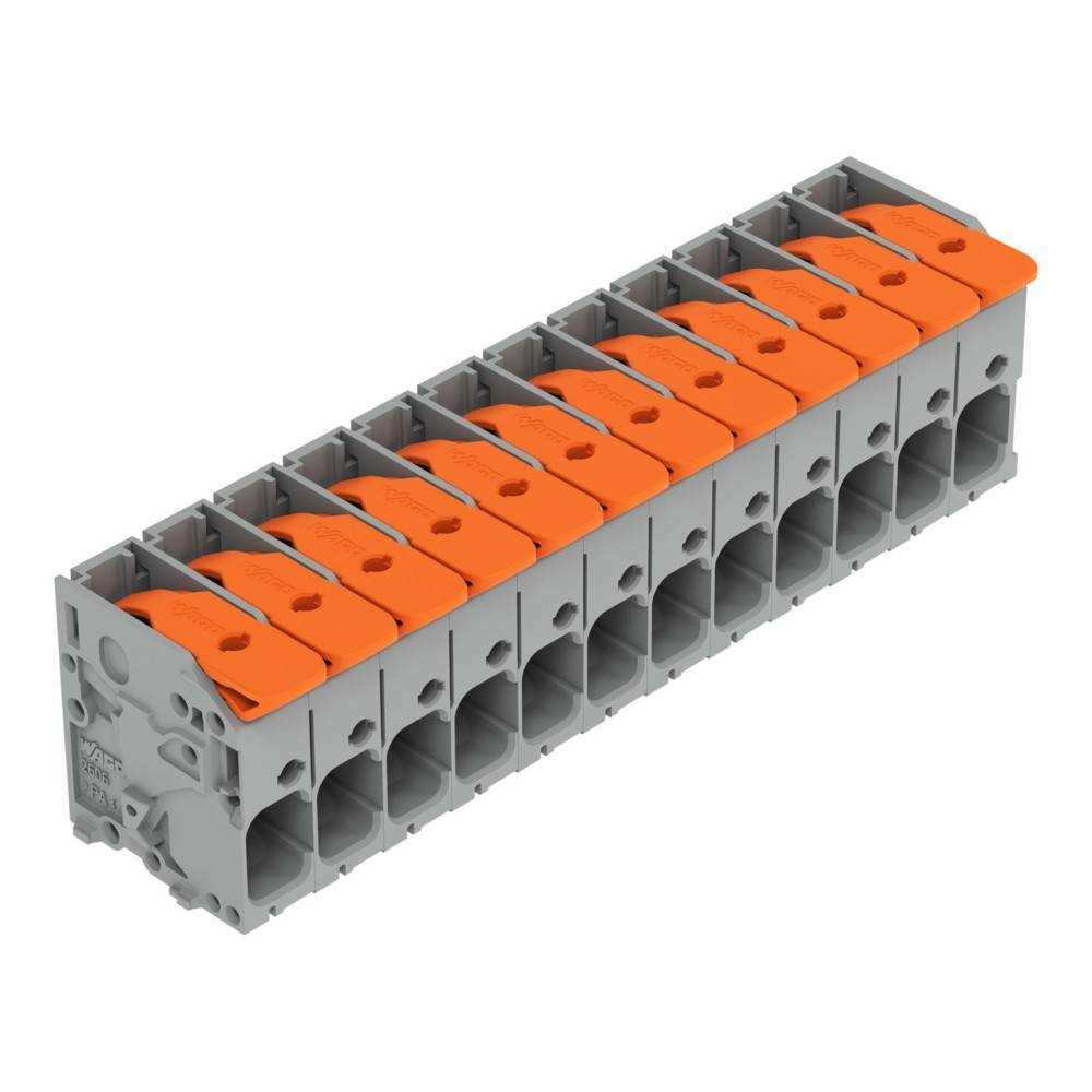 Eine Reihe von miteinander verbundenen orangefarbenen und grauen Drahtverbindern, die jeweils einen Hebel zum Sichern elektrischer Leitungen haben und für ein einfaches Anschließen und Trennen konzipiert sind.