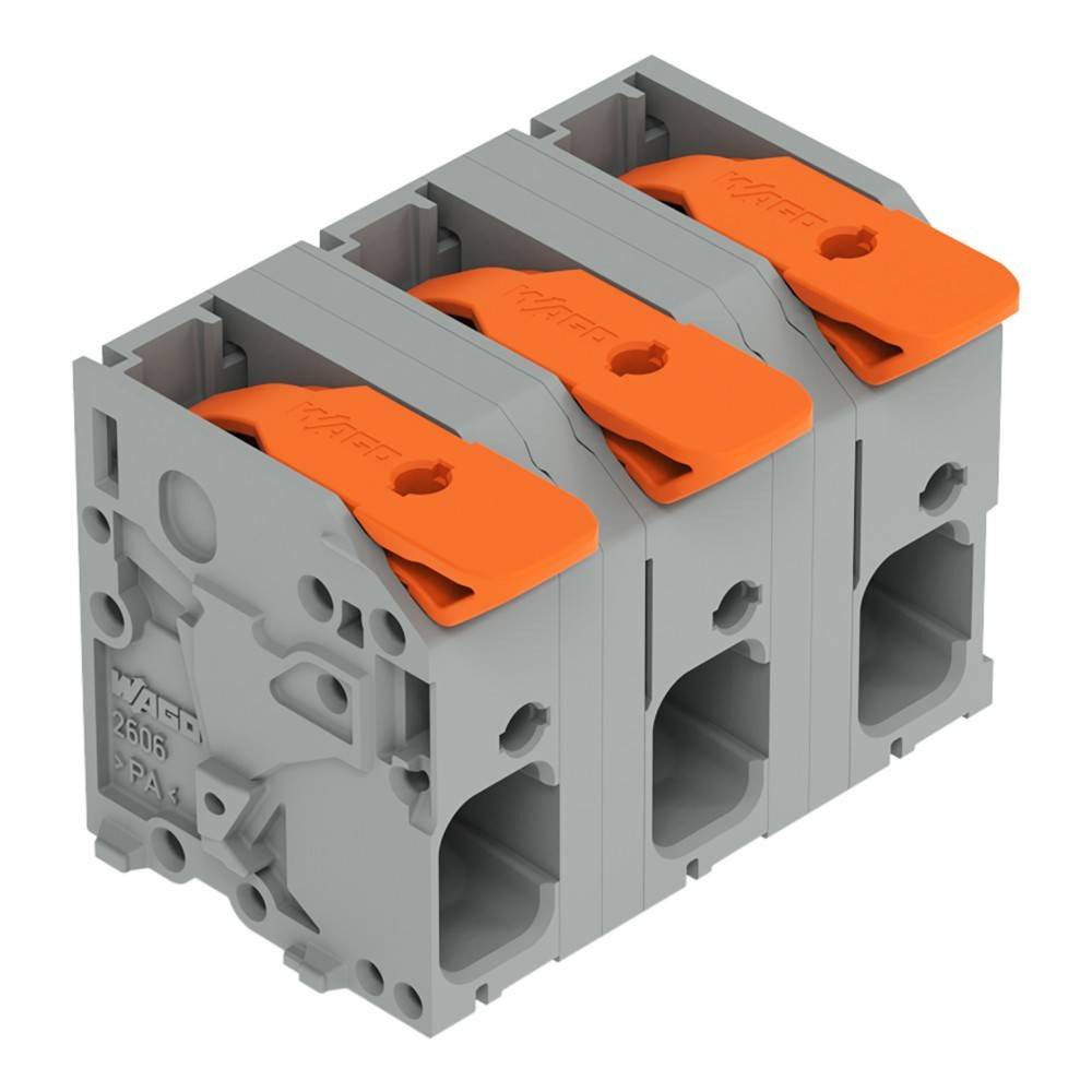 Ein grauer industrieller Verbindungsblock mit drei orangefarbenen Hebeln für Verdrahtungsanwendungen.