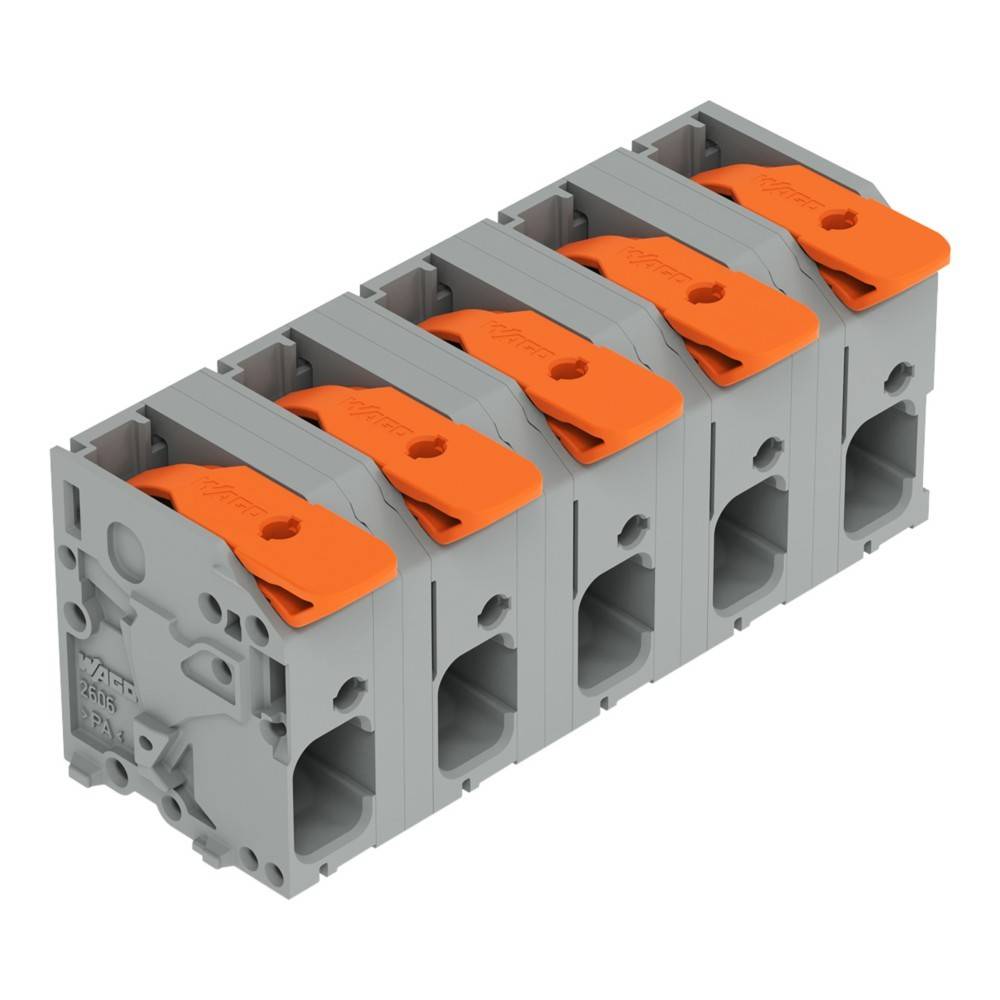 Eine Reihe von fünf grauen elektrischen Anschlüssen mit orangefarbenen Hebeln, die parallel ausgerichtet sind und für sichere Verdrahtungsverbindungen in elektronischen Aufbauten verwendet werden.