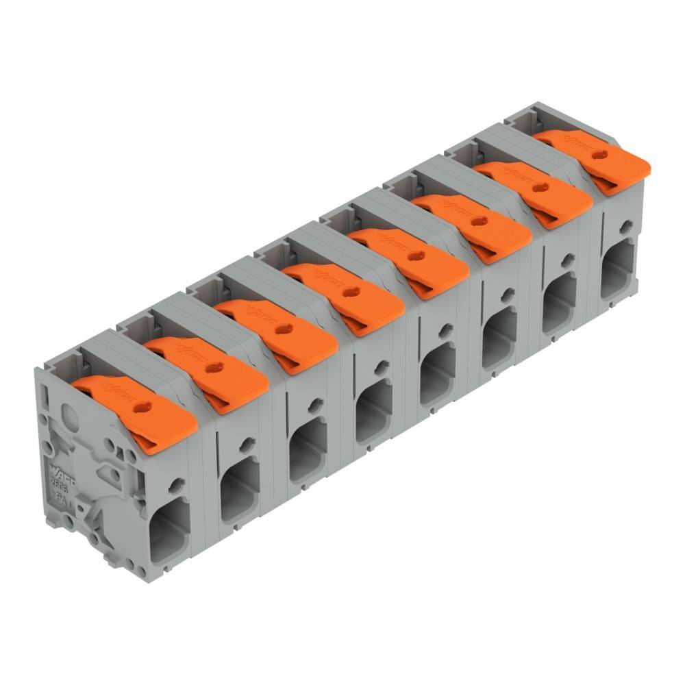 Ein grau-orangefarbenes modulares Klemmensystem mit mehreren Anschlussslots ist in einer linearen Anordnung aufgereiht.