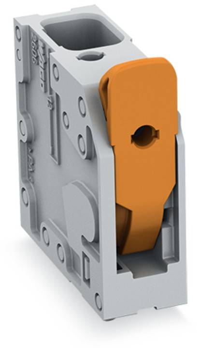 Eine Nahaufnahme eines grauen und orangefarbenen elektrischen Sicherungsautomaten, die seinen Schalter und sein Gehäuse hervorhebt.