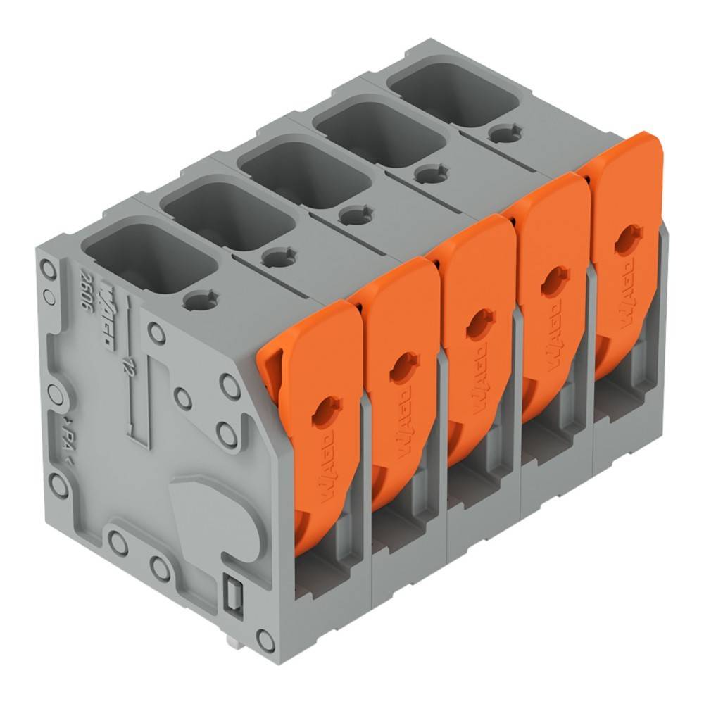 Ein vierslotiger grau-orangener elektrischer Anschlussblock, der zum sicheren Verbinden von Drähten in elektronischen Schaltkreisen verwendet wird.