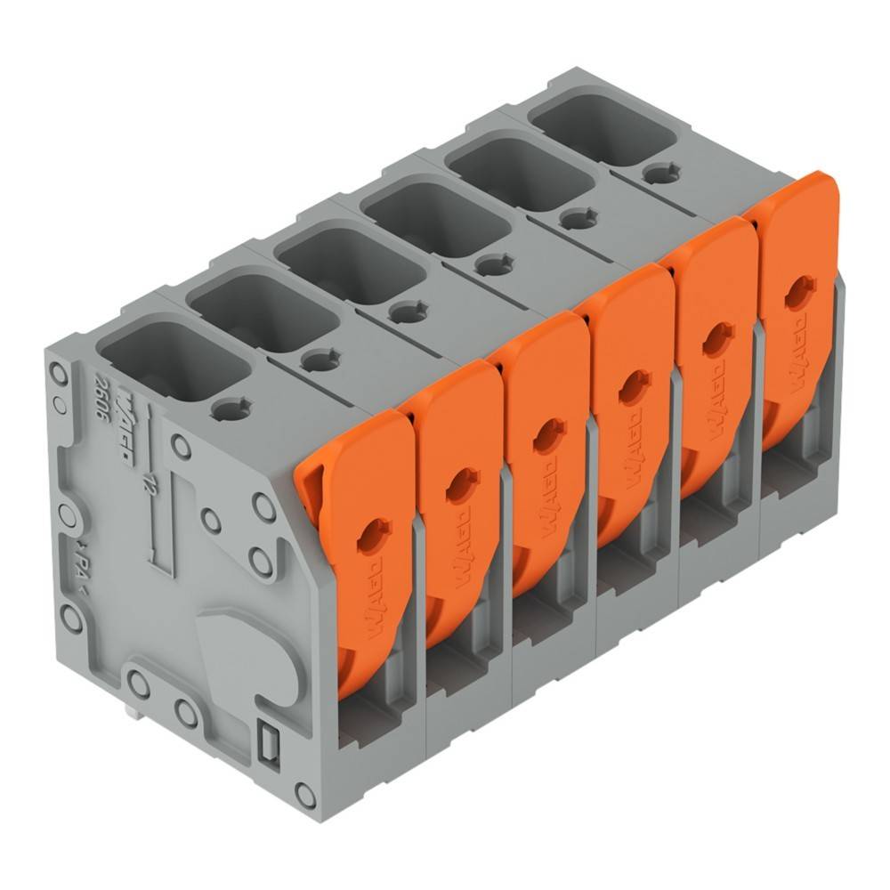 Ein fünfpoliger Anschlussblock in Grau und Orange, verwendet für Verkabelung und elektrische Verbindungen, schräg positioniert, um sein verschachteltes Design zu zeigen.