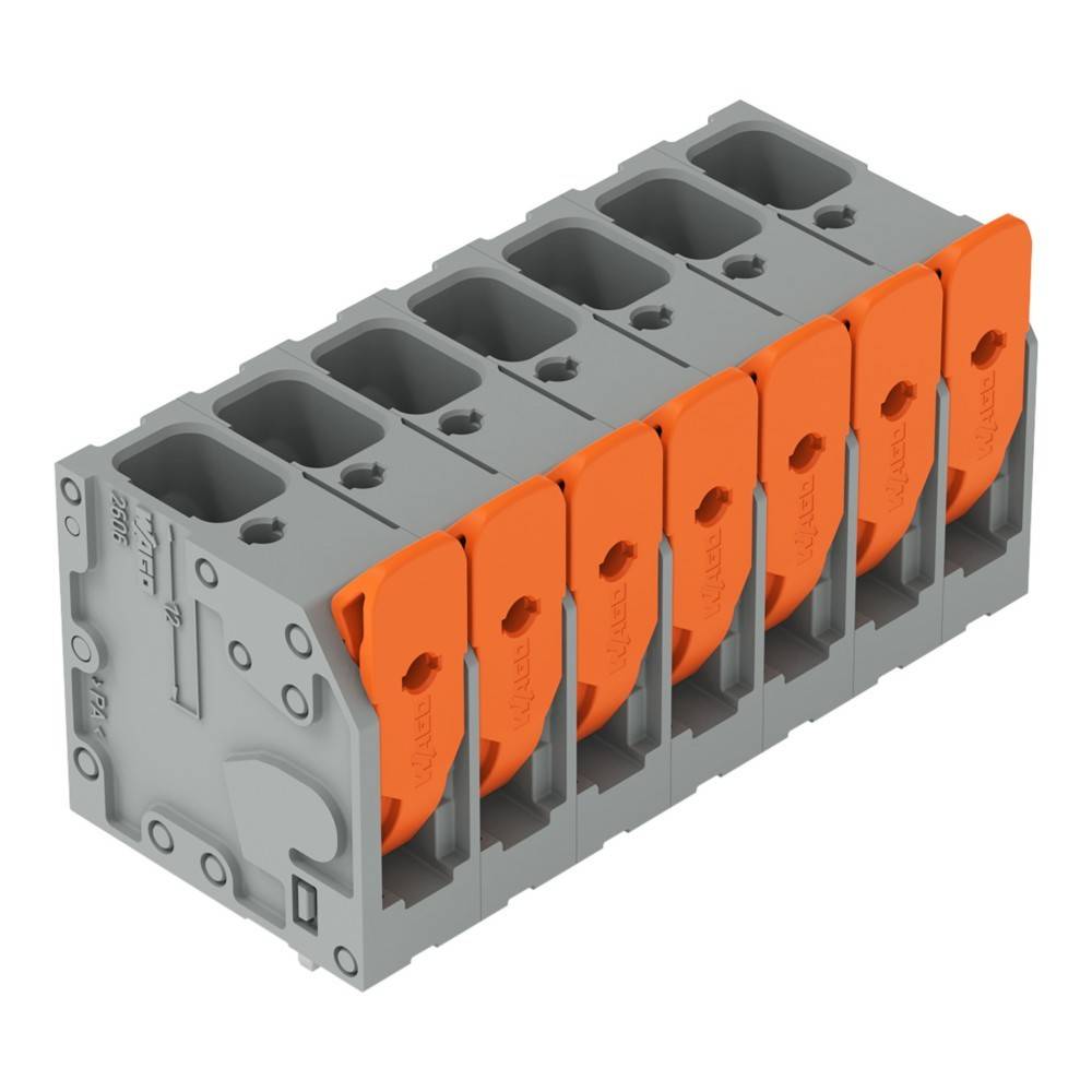Ein grauer elektrischer Leitungsverbinder mit sechs orangefarbenen Hebeln, der zum Sichern und Organisieren von Elektroinstallationen verwendet wird.