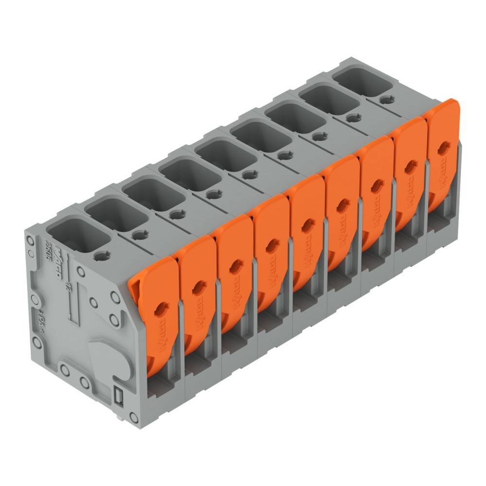 Ein grauer Klemmenblock mit orangefarbenen Hebel-Anschlüssen, konzipiert für sichere elektrische Verdrahtungsverbindungen, mit mehreren Verdrahtungsslots.