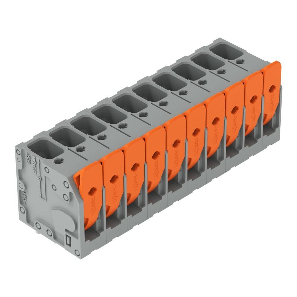 Eine Reihe von zehn grauen und orangefarbenen elektrischen Anschlüssen, die in einem einzigen Block ausgerichtet sind und zum sicheren Verbinden von Drähten in elektrischen Schaltkreisen verwendet werden.