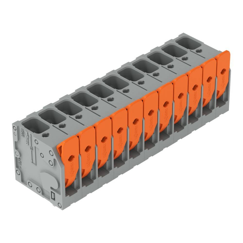 Eine Reihe von zehn grauen und orangefarbenen industriellen elektrischen Steckverbindern, die nebeneinander angeordnet sind, um Drähte zu verbinden.