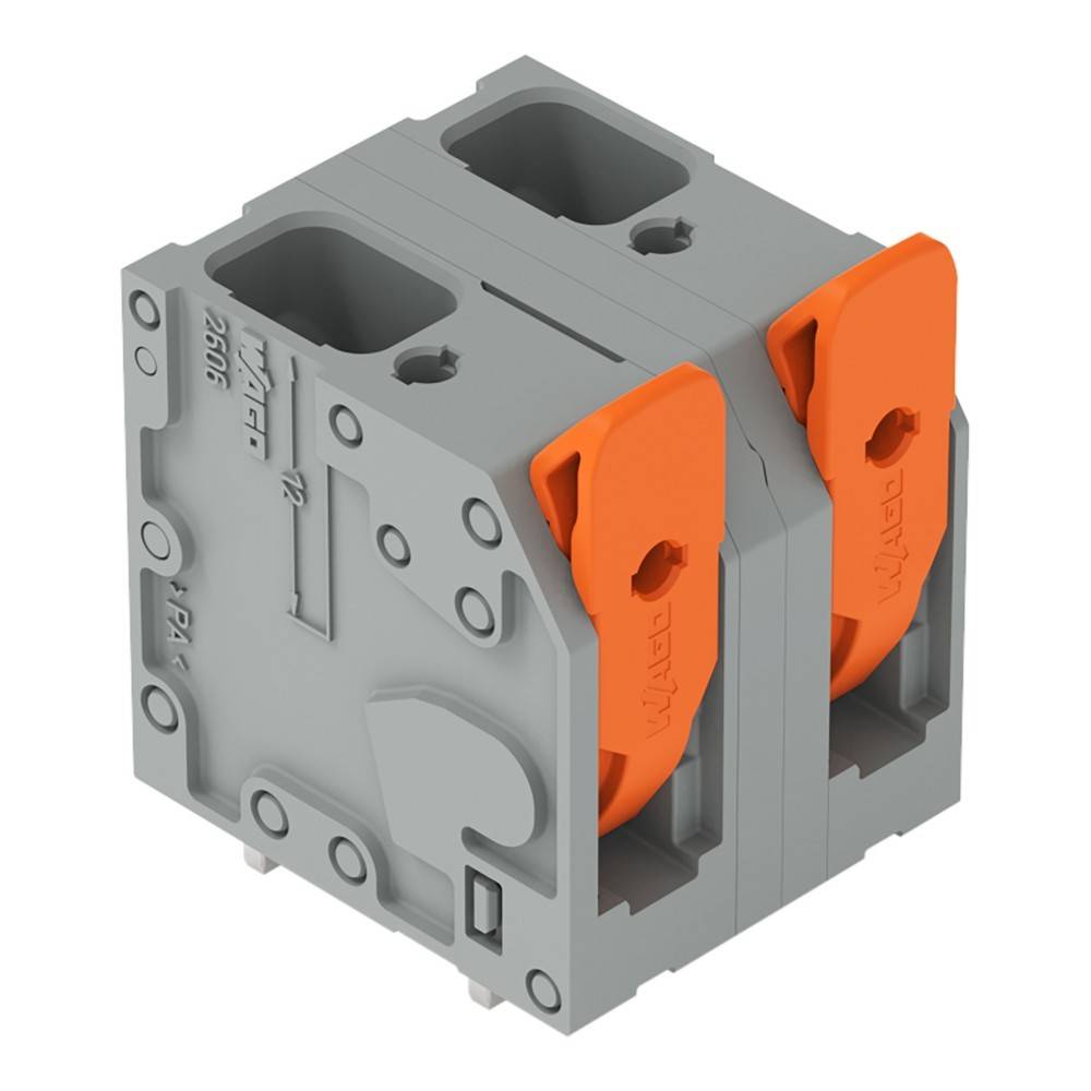 Ein grauer elektrischer Anschlussblock mit zwei orangefarbenen Hebeln und mehreren Anschlüssen, konzipiert zum Sichern von Drähten in einem elektrischen Schaltkreis.