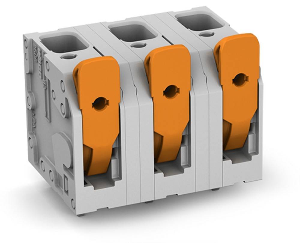 Drei orangefarbene Hebel-Elektroverbinder in einer Reihe angeordnet, entwickelt für sichere Kabelverbindungen.