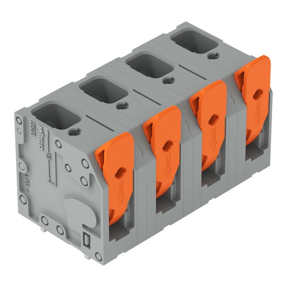 Vier graue elektrische Anschlüsse mit orangefarbenen Hebeln, die nebeneinander ausgerichtet sind und für sichere Kabelverbindungen verwendet werden.