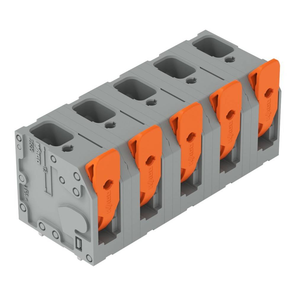 Ein grauer und orangefarbener Fünf-Pol-Klemmenblock zum Anschluss von elektrischen Leitungen. Der Block ermöglicht sichere und organisierte Verdrahtungsverbindungen.