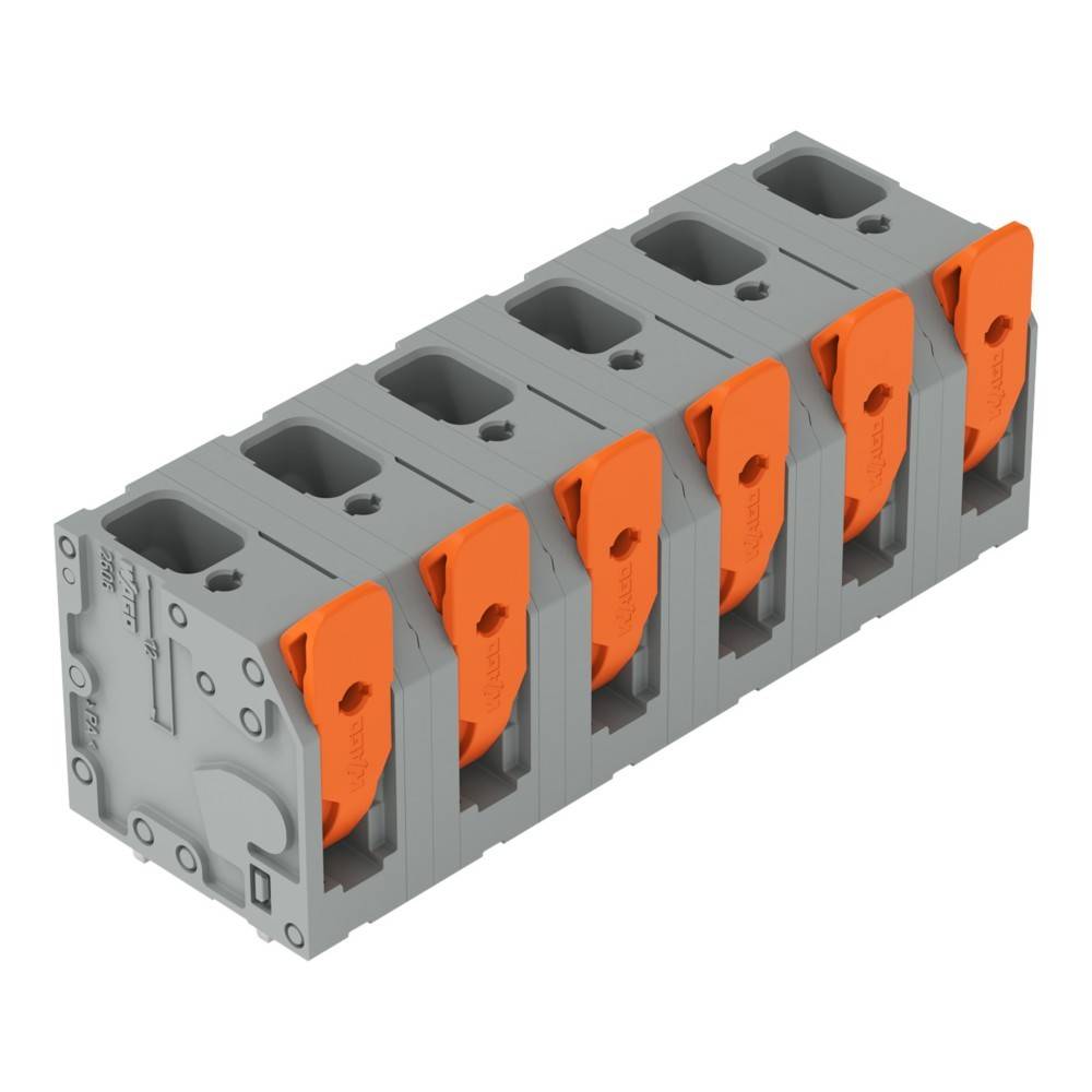 Ein grau-orangefarbener elektrischer Klemmenblock mit mehreren Anschlusspunkten, der zur sicheren Verbindung von elektrischen Leitern in Stromkreisen verwendet wird.
