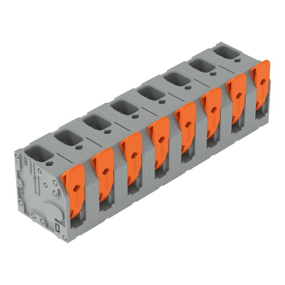 Eine Reihe von acht grauen und orangefarbenen Drahtverbindern, die in einer Linie angeordnet sind und das kompakte Design und die vielfältigen Anschlussmöglichkeiten veranschaulichen.