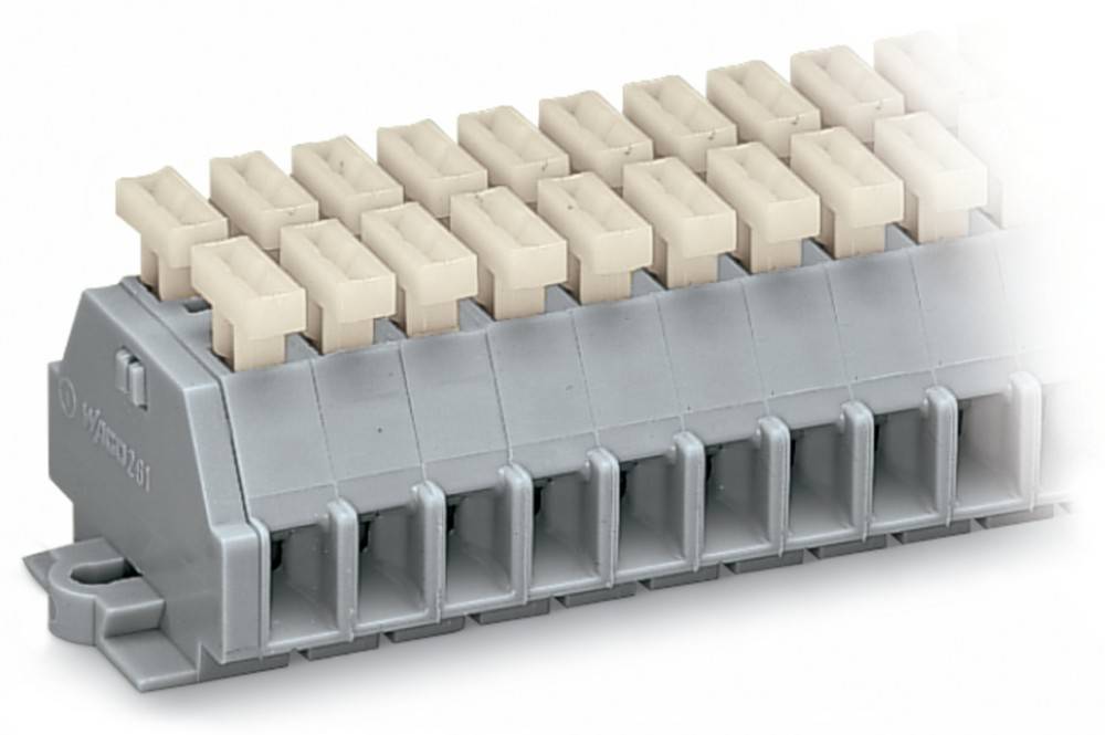 Nahaufnahme eines grauen Anschlussklemmenblocks mit mehreren beigen Steckverbindern, die oben ausgerichtet sind und für elektrische Verkabelung und Komponentenverbindungen verwendet werden.