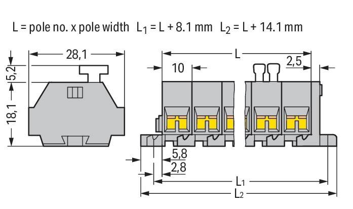 Diagramm zur Darstellung der Abmessungen einer elektrischen Komponente mit zwei Abschnitten, die mit L1 und L2 gekennzeichnet sind. Messungen umfassen 5,8 mm, 8,1 mm, 10 mm und 14,1 mm.