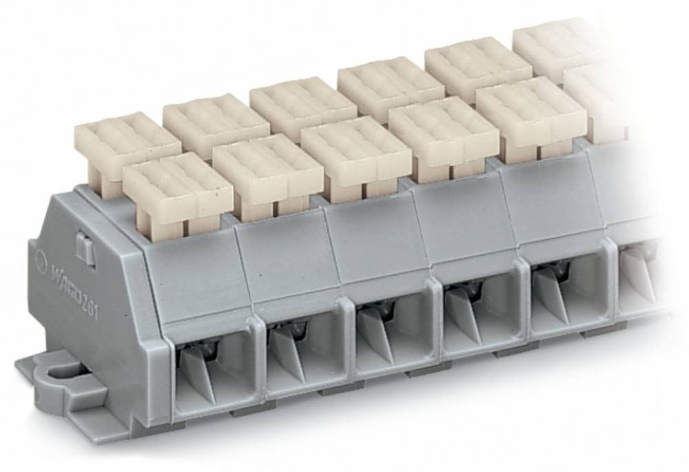 Ein grauer elektrischer Anschlussblock mit mehreren beigen Steckverbindern, die in einer Reihe angeordnet sind und in industriellen oder elektrischen Verkabelungsanwendungen verwendet werden.