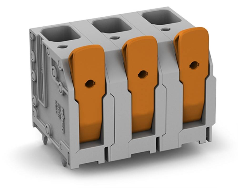 Ein Drei-Port-Elektroanschluss mit orangefarbenen Hebeln auf einem grauen Gehäuse, der für sichere Verdrahtungsverbindungen in elektronischen Baugruppen verwendet wird.