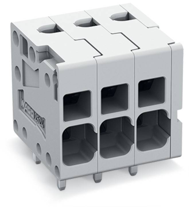 Ein grauer elektrischer Verbindungsblock mit drei Drahteinführungspunkten und Sicherungsmechanismen, mit dem auf der Seite eingeprägten Markennamen 'WAGO'.