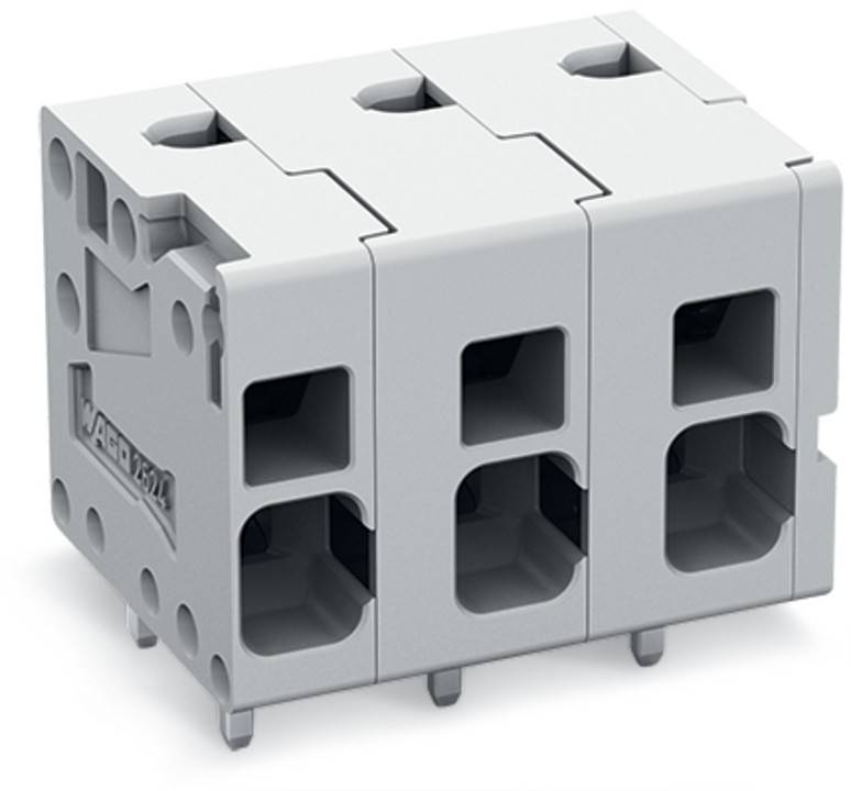 Ein grauer industrieller Klemmenblock mit drei Drahtschlitzen ist abgebildet, der für elektrische Verbindungen verwendet wird. Mehrere identische Einheiten können miteinander verriegelt werden.
