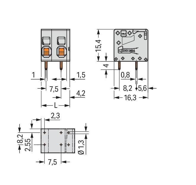 Diagramm einer elektronischen Komponente mit Maßen: 7,5 x 15,4 mm, Stiftabstand 5 mm, Stiftlänge 4,2 mm. Enthält Informationen zur Wago-Serie.