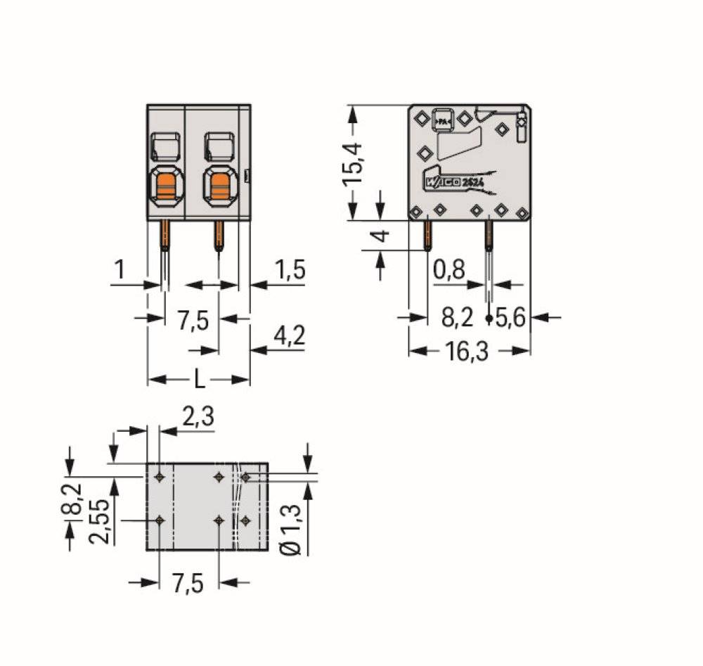 Wago Leiterplattenklemme;4 mm²;Rastermaß 7,5 mm;grau - 2624-1304 - 80 Stück
