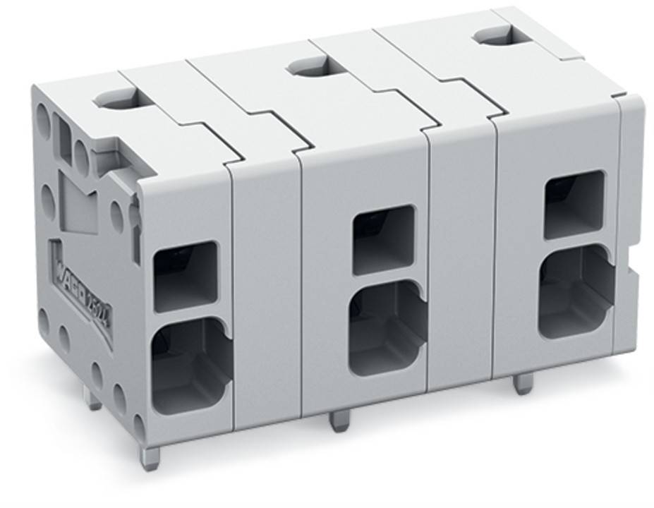 Eine Nahaufnahme eines modularen Kunststoff-Verbindungsblocks mit fünf Schlitzen für elektrische Anschlüsse. Das Design weist auf Funktionalität in Verdrahtungssystemen hin.