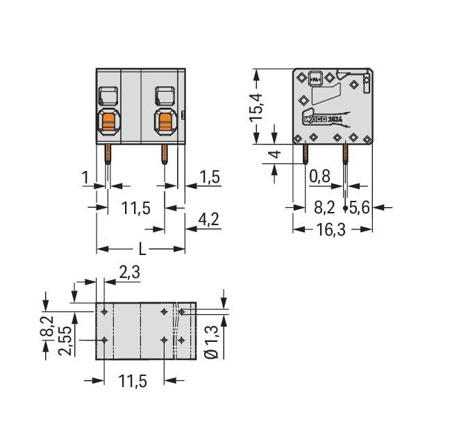 Technische Zeichnung einer elektrischen Komponente, die detaillierte Abmessungen zeigt: Vorder- und Seitenansicht mit Messungen in Millimetern.