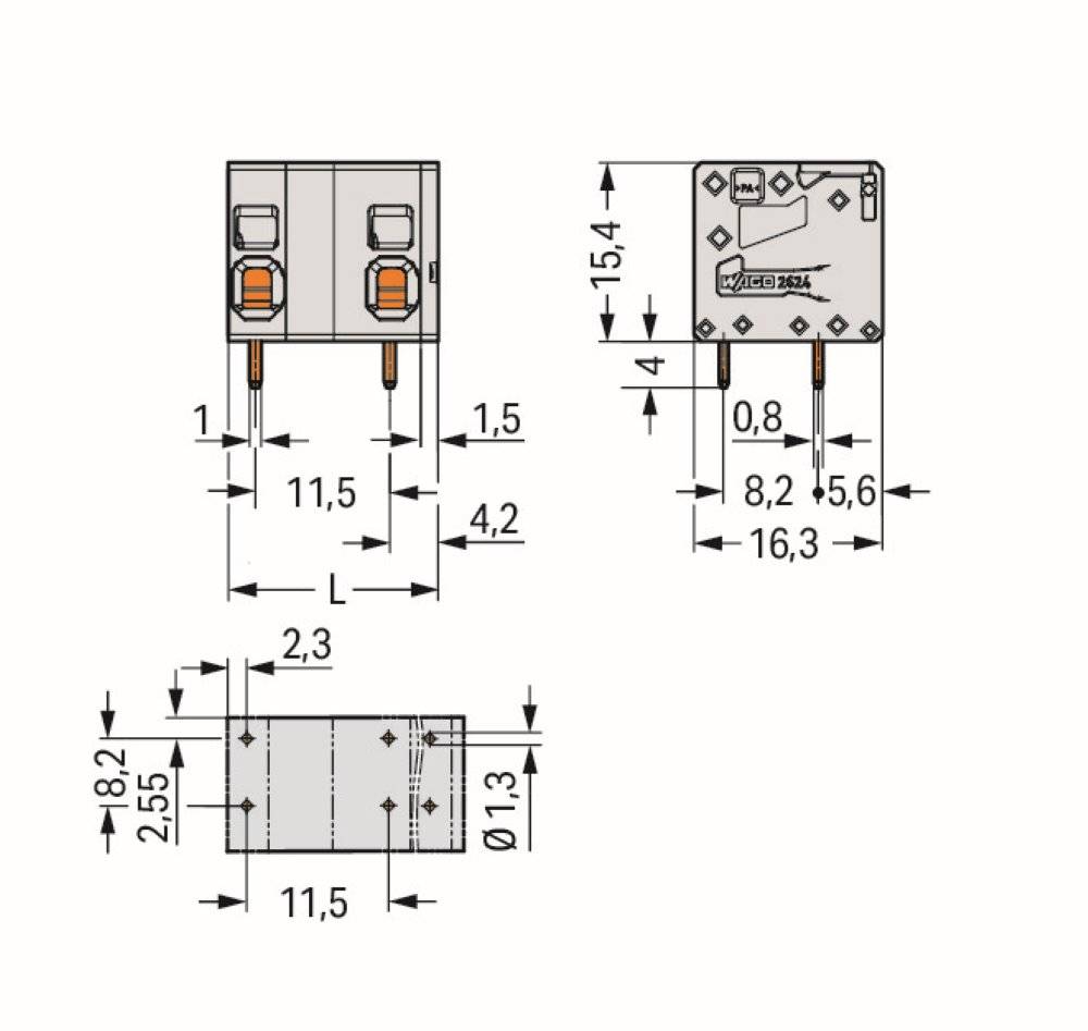 Wago Leiterplattenklemme;4 mm²;Rastermaß 11,5 mm;grau - 2624-1506 - 40 Stück