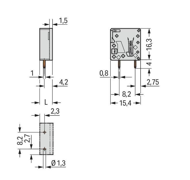Technische Zeichnung einer rechteckigen elektronischen Komponente mit Maßangaben: 1,5 cm, 16,3 cm, 2,75 cm, 1,3 cm, 8,2 cm, 2,7 cm, 1 cm, 4,2 cm, 2,3 cm, 15,4 cm.